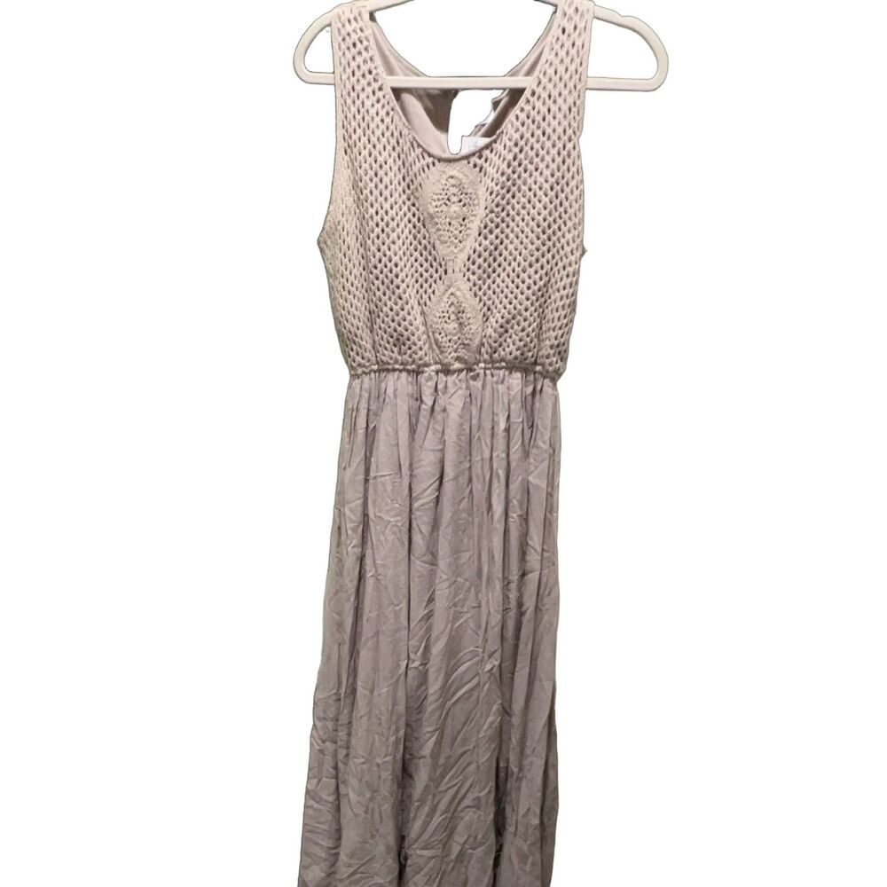 Women's Crochet Top Maxi Dress XL Beige Sleeveless Bohemian Knit Long Casual